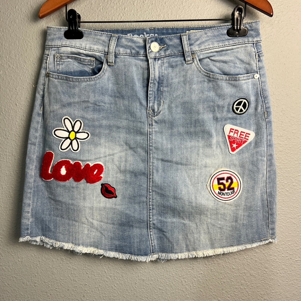 Rocks & Indigo Retro Denim Mini Skirt Sz 12/30 Patchwork Distressed Raw Hem Y2K‎